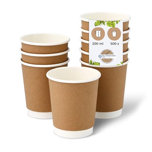 BIOZOYG Vasos de cartón 500 unidades 200 ml / 8 oz, 80 mm marrón - Vasos desechables para café - Vasos de cartón para bebidas calientes - Alternativa a los vasos de poliestireno, vasos de papel