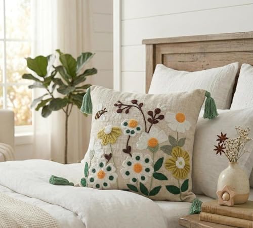 Image of Honey Bee Flowers Embroidered Cushion Cover 16 x 16 Inches or 40x40 cms Cotton Fabric Cushion Covers for Sofa Set /Diwan Beds, Sofa Throw Pillow Only, Set of 1 Pc