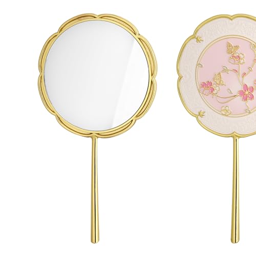 Biiange Mini Chinese Style Mirror, Flower Butterfly Hand Mirror, Vintage Aesthetic Metal Mirrors with Long Handle, for Women (Gold)
