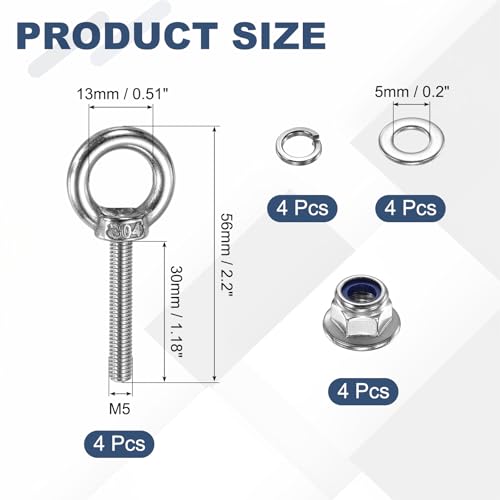 Image of PATIKIL M5 x 30mm Shoulder Eye Bolt, 4 Pcs 304 Stainless Steel Lifting Ring Threaded Eye Bolt with Flange Lock Nuts Spring and Flat Washers for Hanging Tie Down Straps Outdoor Indoor