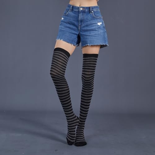 FGFD&OU Kniestrümpfe Damen Überknie Gestreift Overknees Warme Hohe Socken Thermo Lange Socken Mädchen (Schwarz&grau)