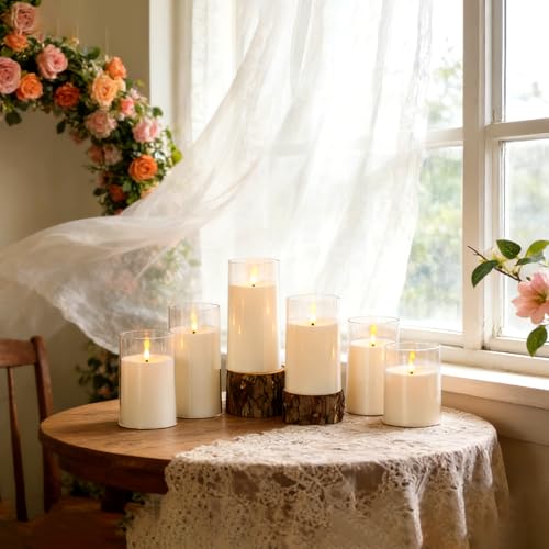 Image of kakoya Flickering Flameless Candles Battery Operated with Remote and 2 /4 /6 /8 H Timer Acrylic Led Pillar Candles Pack of 9 (D 3 inch xH 4 inch 5 inch 6 inch) with Realistic 3D Wick Candles for Home Decor(White)