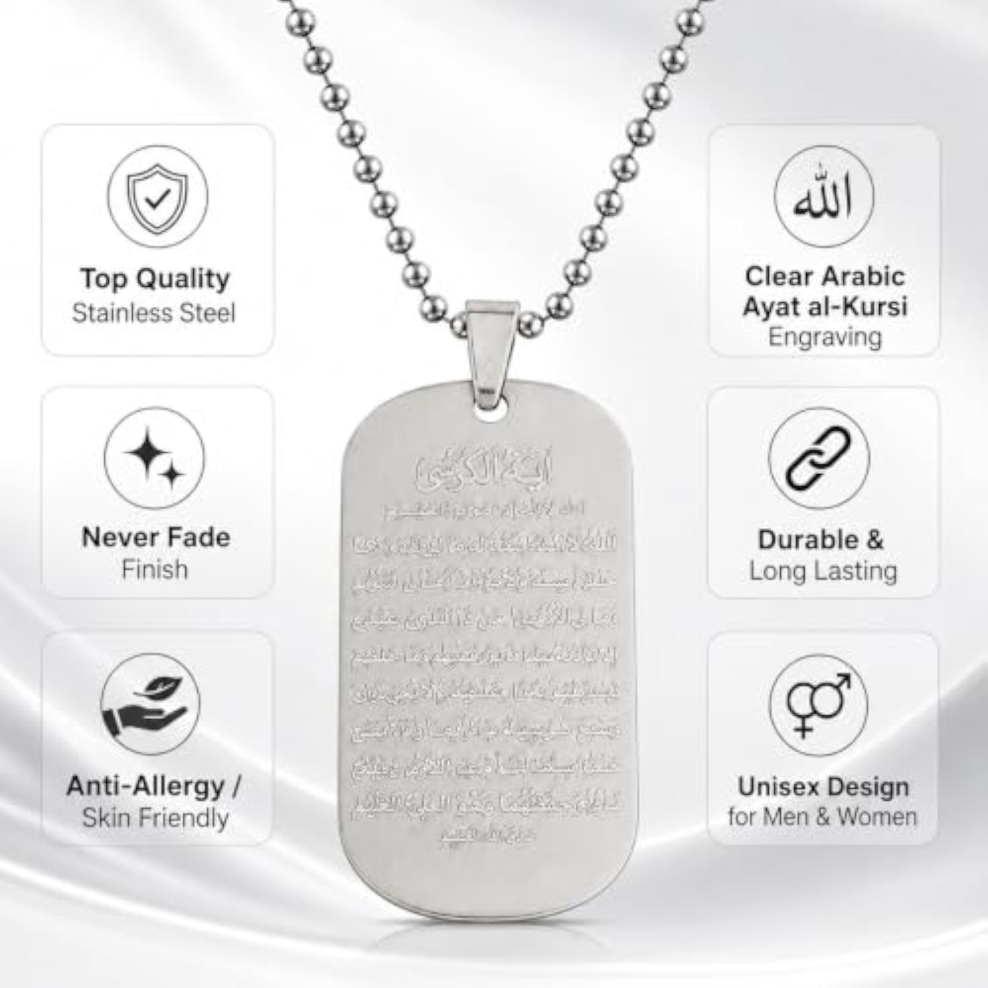 Islamic Allah Necklace, Silver Stainless Steel Design