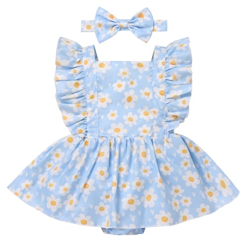 Image of ODASDO Newborn Infant Baby Girl Ruffle Sleeve One-Piece Romper Dress with Headband Set Summer Casual Clothes 0-24 Months