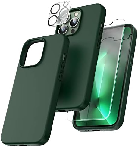 TOCOL [5 in 1 for iPhone 13 Pro Max Case, with 2 Pack Screen Protector + 2 Pack Camera Lens Protector, Slim Liquid Silicone Phone Case 6.7 Inch, [Anti-Scratch] [Drop Protection],Alpine Green