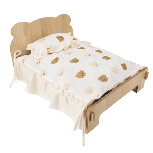 木製のペットベッド、簡単な組み立て19.3 x15.4インチの高架小動物ベッド、取り外し可能なマットレス、ベッドカバー、枕カバーの小さなモーデン猫犬のベッドフレーム、ウサギ、子猫