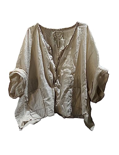 NFYM Womens Button Down Plain Linen Shirt Casual Half Sleeve Handmade Sewing Loose Fit Short Shirt Blouse