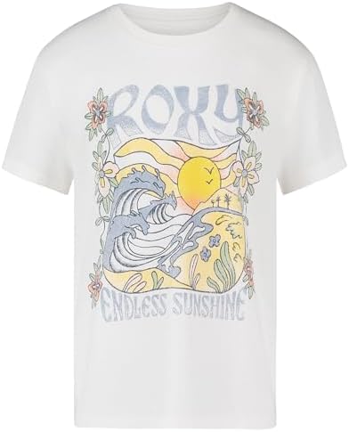 Roxy Girls' Short Sleeve Boyfriend Fit Logo Tee, Crew Neck Graphic T-Shirt, Soft & Comfortable, Egret Sunshine, L12/14