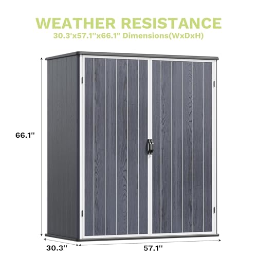 Image of Devoko 5x3 FT Resin Storage Shed with Floor, Small Plastic Vertical Outdoor Cabinet with Lockable Door, Waterproof Tool Garden Shed for Backyard Patio Lawn, Dark Gray