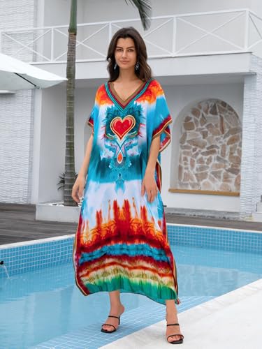 Image of KECVOT Kaftan Dresses for Women V-Neck Print Swimsuit Cover Up Plus Size Beach Caftan Lounge Dress