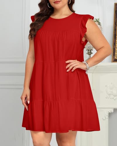 Image of Holipick Women's Plus Size Summer Dresses Casual Short Dress Babydoll Ruffle Sleeve Swing Flowy Sleeveless Tunic Dress