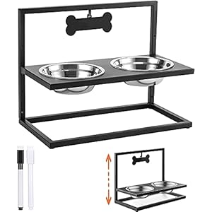 Pawaboo Höhenverstellbar Futternapf, Doppelnapf Futterstation mit Etikett und 2 Farbige Marker Rutschfester Hundenapf Futterschüssel Edelstahlnapf Erhöhtes Schüssel Set für Hunde Katzen, Schwarz