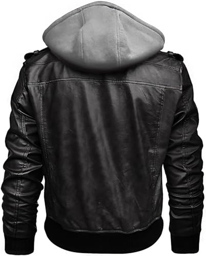 Removable Hooded Bomber Leather Jacket - Real Leather Motorcycle Jacket For Men2