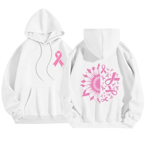 Sweat Octobre Rose femme blanc oversize à capuche imprimé pull automne