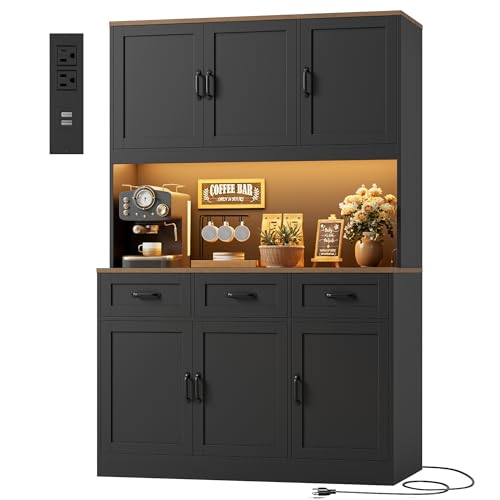 Image of HOSTACK Kitchen Pantry Cabinet, Tall Kitchen Hutch Cabinet, Black /Brown | 47 inchW Food Pantry Cabinet with Smart LED / Charging Station / Countertop / 3 Large Drawers, 72 inchH Storage Hutch for Dining Room