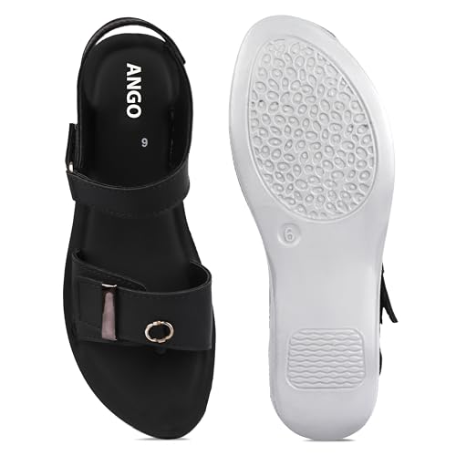 Image of Ango Women Minimal Black Flats Sandals with Premium Metallic Finish with Cushioned Sole