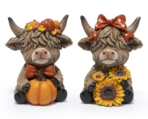 Hodao 2PCS Thanksgiving Highland Cow Figurine, Farmhouse Harvest Festival Decor – Cute Highland Cow with Sunflower & Pumpkin, Fall Tabletop Decor for Home, Kitchen, Holiday Centerpiece (Orange)