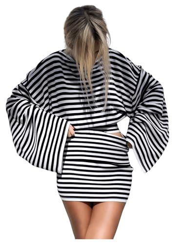 Verdusa Women's 2 Piece Striped Outfits Oversized Sweatshirts with Mini