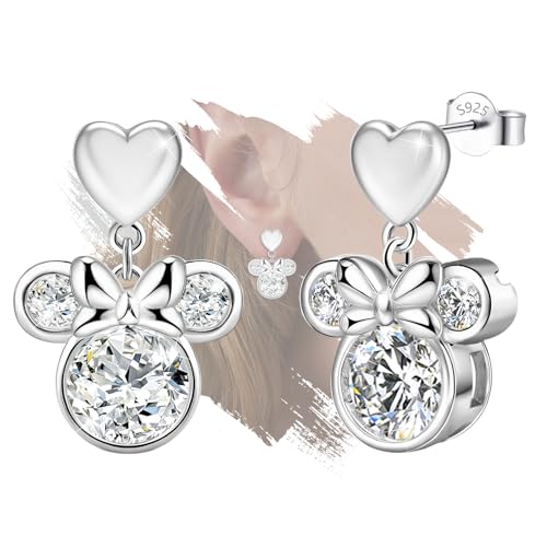 Heart Mouse Earrings for Women- Sterling Silver Cute Animal Stud Earrings Heavy Hypoallergenic Cubic Zirconia Adorable Dainty Bow Mouse Post Earring Jewelry Gifts for Teens Daughter Granddaughter