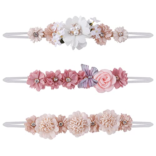 Image of BFNAAgirl Flower Headband for Baby Girl Elastic Baby Floral Headbands Crown Hairbands Hair Accessories for Newborn Infant Toddlers Kids 3pcs/set