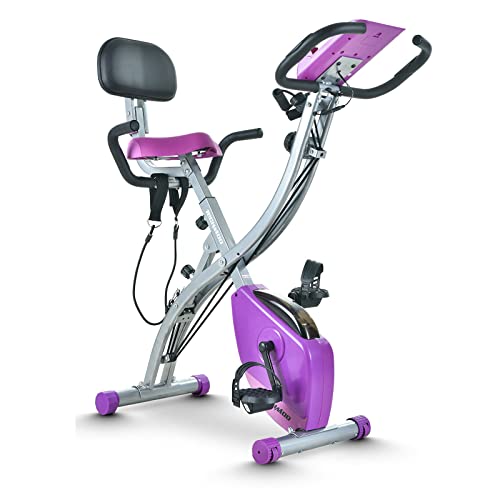 Folding Exercise Bike Portable Upright Adjustable Backrest Cycling Recumbent Stationary Bike Slim Indoor Workout Fitness Cardio Foldable Exercise Bicycle Machine with Pulse Sensor LCD Monitor Arm Resistance Bands