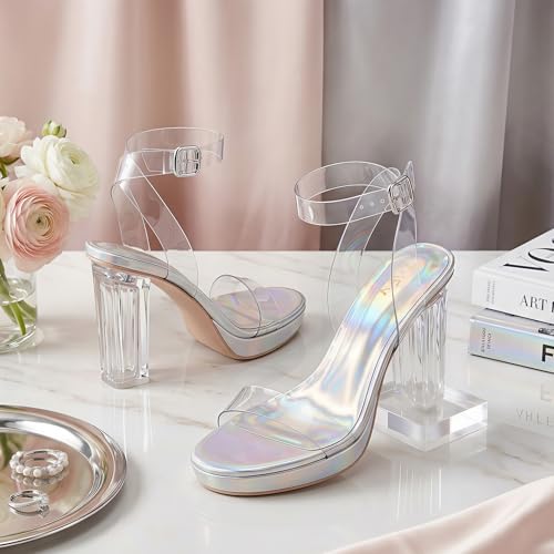 Image of ZriEy 4-Inch Platform Clear High Heels for Women Block Chunky Heeled Sandals Open Toe Ankle Strap Heels Wedding Party Evening Prom Dress Pump Sandal Shoes