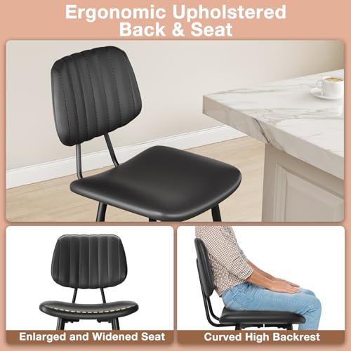 Image of Raynesys 29-Inch Leather Bar Stools Set of 2 with High Backrest, Black