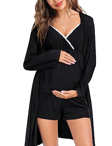 Image of SWOMOG Womens Maternity Robe Set 3 Piece Nursing Pajamas for Breastfeeding 3 in 1 Labor Delivery Hospital Pregnancy Pjs Grey