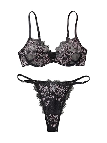 Image of Lilosy Sexy Floral Embroidered Mesh Sheer Underwire Lingerie Set
