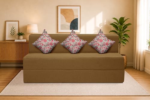 Image of Three Seater Sofa Cum Bed Jute Fabric 5 X 6 Ft| Space Saving Foldable Sofa Bed for Living Room & Guest Room | Comfortable Multi-Functional Furniture - Golden