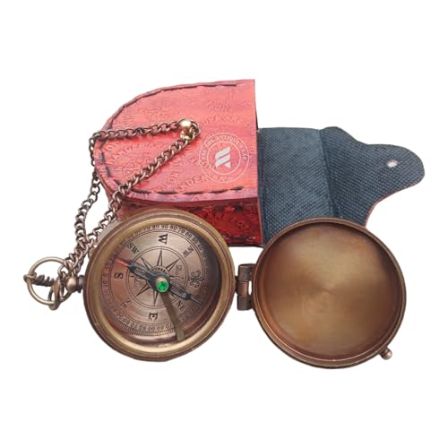 Brújula de bolsillo antigua de latón TAL The Antique's Lab con cadena y estuche de cuero grabado 'May Your Faith' para senderismo y aventuras náuticas miniatura 6