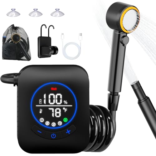 Portable Shower for Camping, 8000mAh Rechargeable Camping Shower Pump with 3X Stronger Water Flow, 5 Pressure Levels & 4 Shower Modes Outdoor Shower with Intelligent LED Display for Hiking, Black