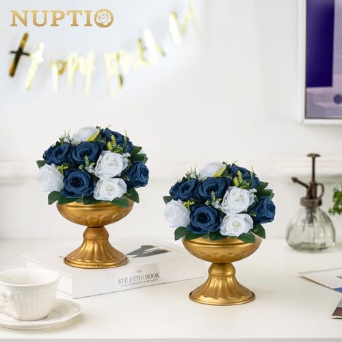 Image of NUPTIO Artificial Flower Centrepieces for Tables - 6 Pcs Navy Blue & White Fake Flowers Roses Balls 9.5in Diameter - Silk Faux Rose Arrangement for Wedding Party Centerpiece Table Decorations
