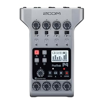 Zoom PodTrak Gravador de Podcast P4, alimentado por bateria, 4 entradas de microfone, 4 saídas de fone de ouvido, entrada de telefone e USB para entrevistas remotas, almofadas de som, interface de áudio de 2 entradas/2 saídas
