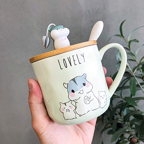 Doinbtoy Tasse en céramique de Hamster de Dessin animé avec Couvercle et cuillère, Tasse de Lait de café de 400 ML pour Hommes et Femmes Vert Cover