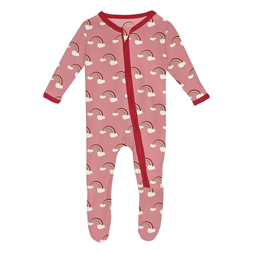KicKee Welcome Home Zipper Footie – Viscose from Bamboo Baby Pajamas – One-Piece Sleepwear with Anti-Slip Feet & Zip Guard (Strawberry Rainbows - Newborn)