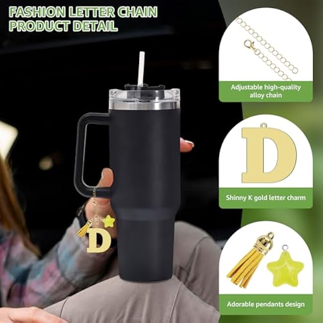 Gold Letter Charm for Stanley Cup Accessories, Cute Star Tassel Keychain Handle Charm, Monogram Water Bottle Chain