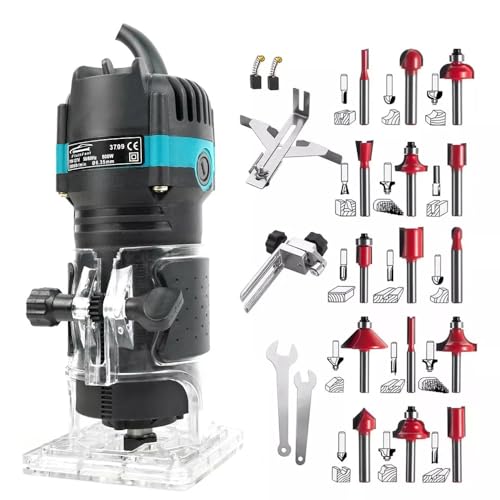 FINYQBET Tupia Laminadora Manual - 800W, 30000 RPM, Fresadora de Madeira Portátil, Tupia Com 15 Brocas e acessórios, Ideal para Artesãos Trabalhos em madeira e Profissionais de DIY (Preto, 220V)