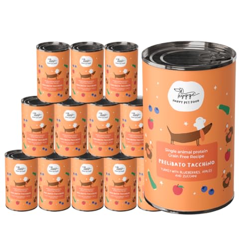 Cibo Umido Cani Monoproteico al Tacchino | Con Zucchine, Mele e Mirtilli | Scatolette Cani adulti in Offerta | Senza cereali, Ideali per cani sensibili | Prodotto in Italia | 12 x 400g | Hygge Dog
