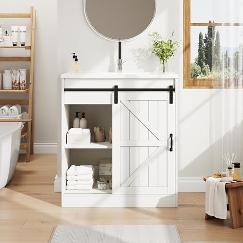 luckdect Meuble Salle de Bain avec Vasque en Céramique 73 x 46.5 x 87.5 cm, Meuble Lave-Mains, Meuble sous Lavabo avec Portes Coulissantes Style Grange, Tiroirs, Blanc