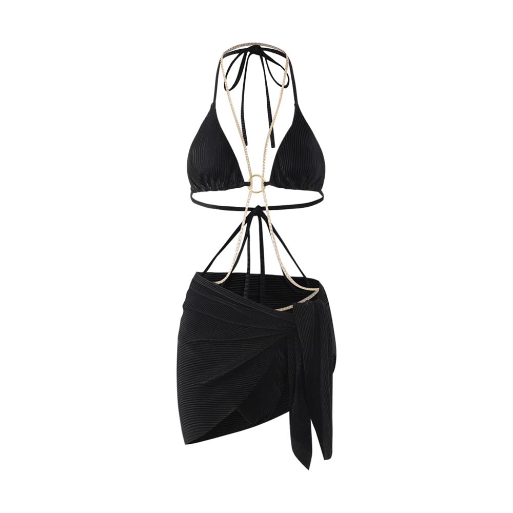 BKEPDY Conjuntos de Bikinis para Mujer Traje de Baño Acolchado de Push Up Tres Piezas Bikini de Triángulo Tanga Bañador con Relleno Cuello en V Ajustable Halter Pareos Playa Sarong