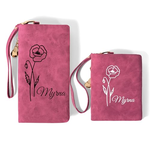 callie Personalized Wristlet Wallets for Women, Custom Birth Flower with Name and Multiple Card Slots on Leather Womens Wallets, Birthday Bridal Party Valentine's Day Gift for Mom Grandma Girlfriend