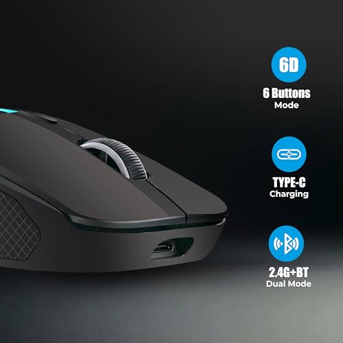 Image of Foxin Voltra Wireless Bluetooth Mouse, Dual Mode (Bluetooth 5.3 + 2.4GHz), USB-C Rechargeable, Up to 25+ Days Battery, Up to 3200 DPI, 6 Buttons, RGB Lighting, Ergonomic Mouse for PC, Laptop