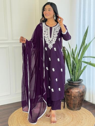Image of Naixa Women's Cotton Embroidered Straight Kurta with Pant and Dupatta Sets (Available in Plus Size) (NX-574)