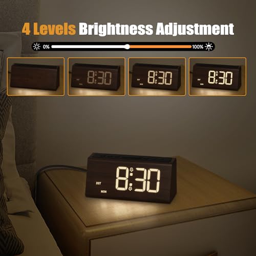 Cadmos Wooden Digital Alarm Clock for Bedroom,Electric Desk Clock with USB Port,Loud Alarm for Heavy Sleepers,Adjustable Volume & Dimmer,Snooze,DST,Wood Decor,Bedside & Desk Us(Brown - Amber Digits) - Image 4