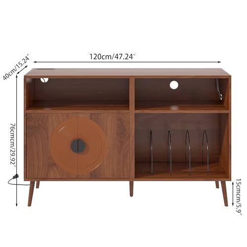 Large Record Player Stand, Mid Century Turntable Stand with Door, Record Player Table Holds Up to 350 Albums,Vinyl Display Shelf for Living Room (Brown)