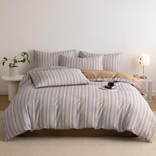 AOJIM Modern Striped Duvet Cover Queen, Soft Pure Cotton Minimalist Reversible Bedding Set 3-Piece, Orange & Blue Geometric Stripes Comforter Cover with 2 Pillow Shams, Nordic Bedding Duvet Cover Set