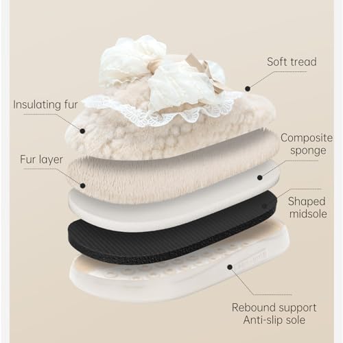 Warm & Fluffy Slippers, Bow & Lace-Adorned Easy On-Off, Indoor Outdoor Autumn Winter Use, Adorable Cute Comfy4