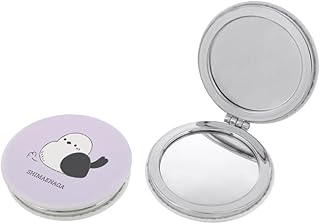 コンパクトミラー シマエナガ 丸型 手鏡 折り畳み ハンドミラー 片面拡大鏡 合皮レザー 小鳥デザイン パープル