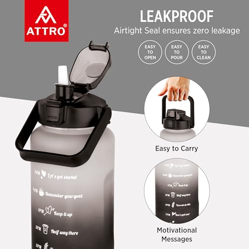 Image of ATTRO Motivational 2 Liter Quotes & Time Marker Dual Colour Sports Bottle With Easy to Carry Handle & Straw BPA Free, Leak Proof for Gym, Office, Workout- Black Grey, Plastic